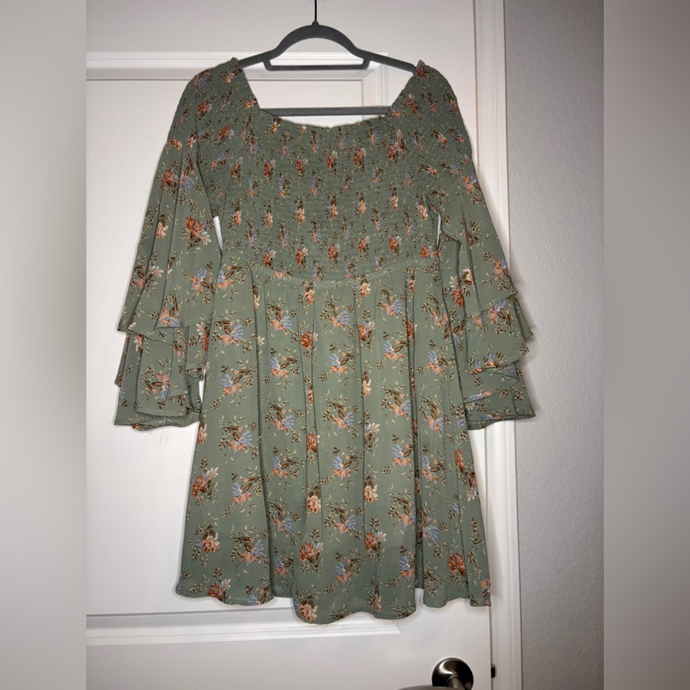JODIFL Green and Orange Smocked Dress
